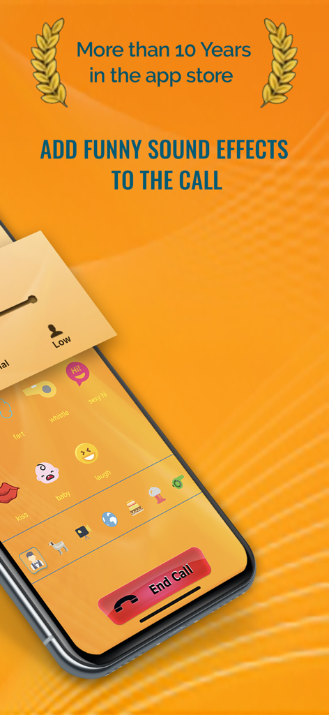 Fun Phone Call app interface showing funny sound effect icons for prank calls