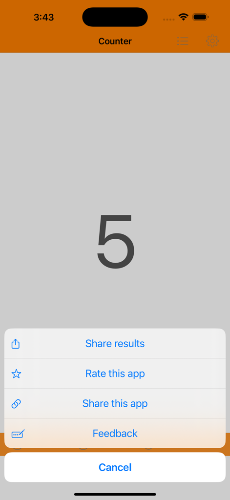 Tap Counter(Simple & Multiple) - Schermata dell'app mobile Tap Counter che mostra un conteggio di cinque e un menu per la condivisione dei risultati.