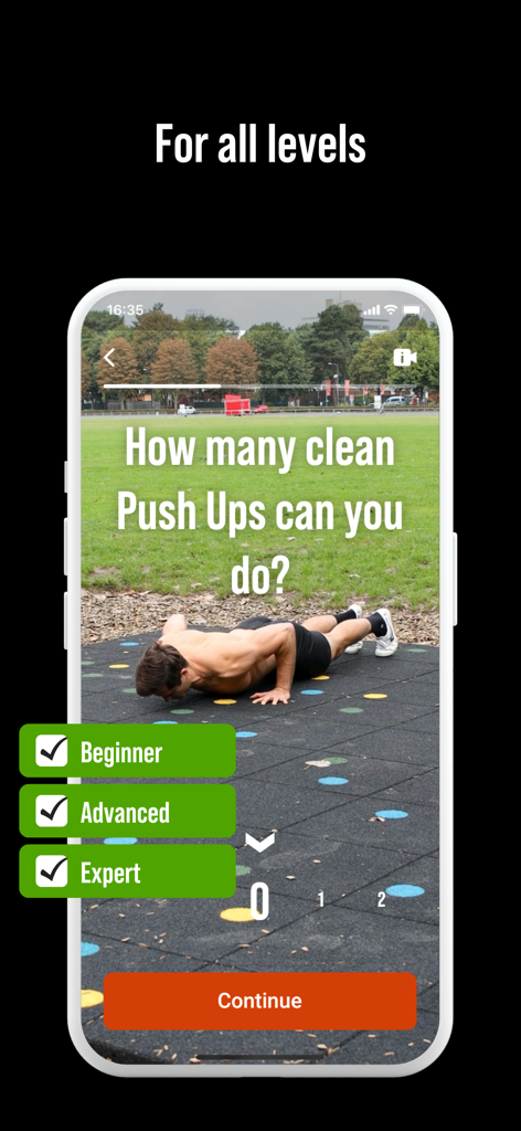 DIE RINGE Calisthenics Workout - Écran d'application mobile montrant une évaluation de forme physique avec un homme effectuant des pompes et des boutons de sélection de niveau de compétence