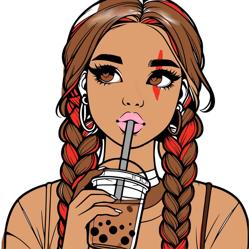 realistic girl with braided hair drinking boba