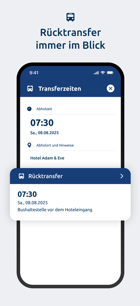 Smartphone screen showing transfer pickup details in the mein alltours app