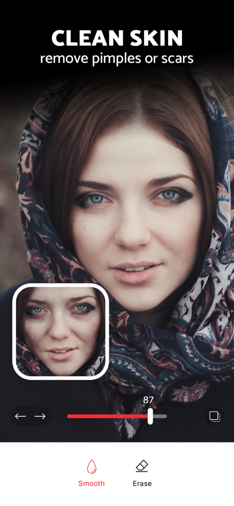 Pixl: Face & Red Eye Corrector - Portrait of a woman demonstrating skin smoothing and pimple removal in the Pixl app