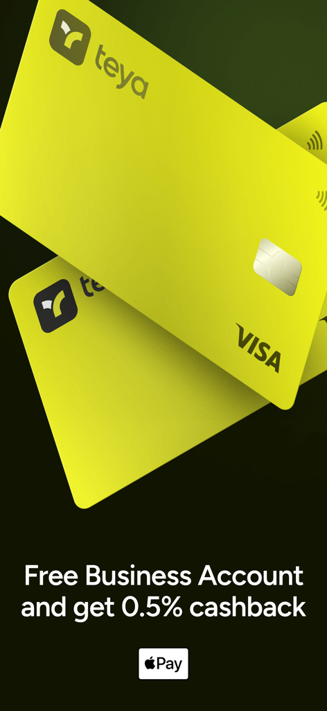 Two yellow Teya Visa business debit cards showcasing a free business account and 0.5 percent cashback offer
