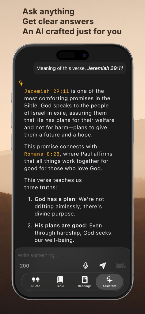 Une capture d'écran de l'interface de l'application Bible AI montrant un assistant IA expliquant le sens d'un verset biblique dans un format de chat.