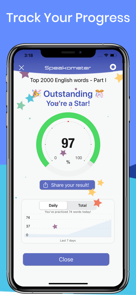 Speakometer-Accent Training AI - Speakometer app progress screen showing a ninety seven percent pronunciation score and daily practice history