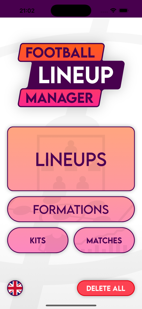 Football Lineup Manager - Menu principal de l'application Football Lineup Manager présentant des boutons pour les alignements, les formations, les kits et les matchs