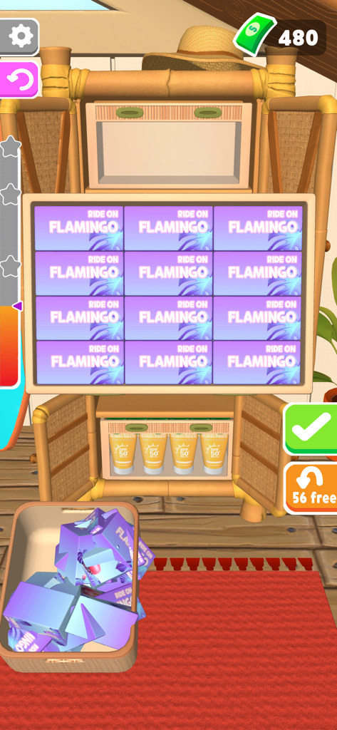 A mobile puzzle game screen showing purple flamingo boxes and yellow sunscreen tubes being neatly organized into a bamboo shelf cabinet.