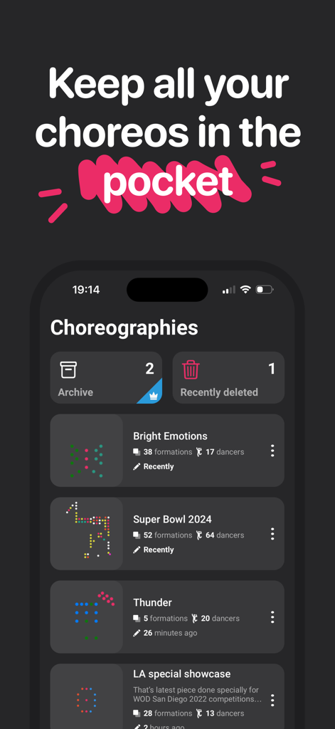 App ArrangeUs che mostra un elenco di progetti di coreografia di danza salvati con conteggio di formazioni e ballerini su un telefono cellulare.