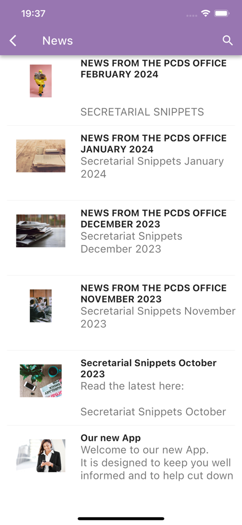 News feed interface in the PCDS app showing medical updates and society newsletters for healthcare professionals