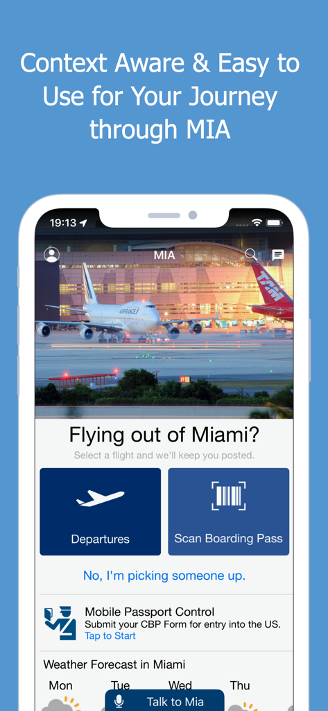 MIA Airport Official - MIA空港公式アプリのホーム画面、出発便と搭乗券スキャンのオプションが表示されています