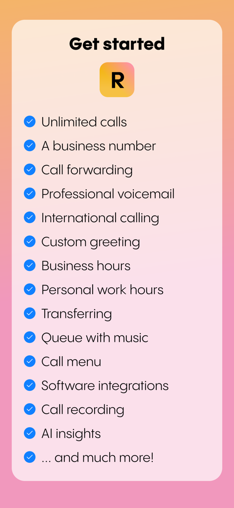 Rinkel - A checklist showing Rinkel app features like business number and call forwarding