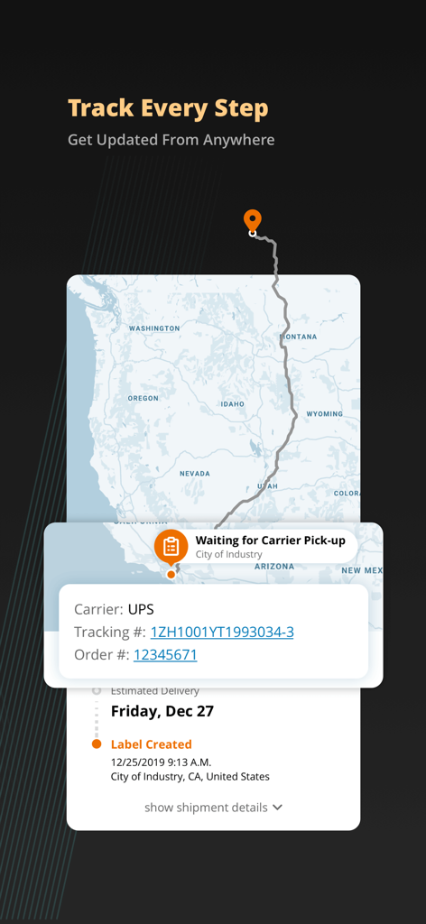 Newegg mobile app screen displaying order tracking progress with a map and shipment status information