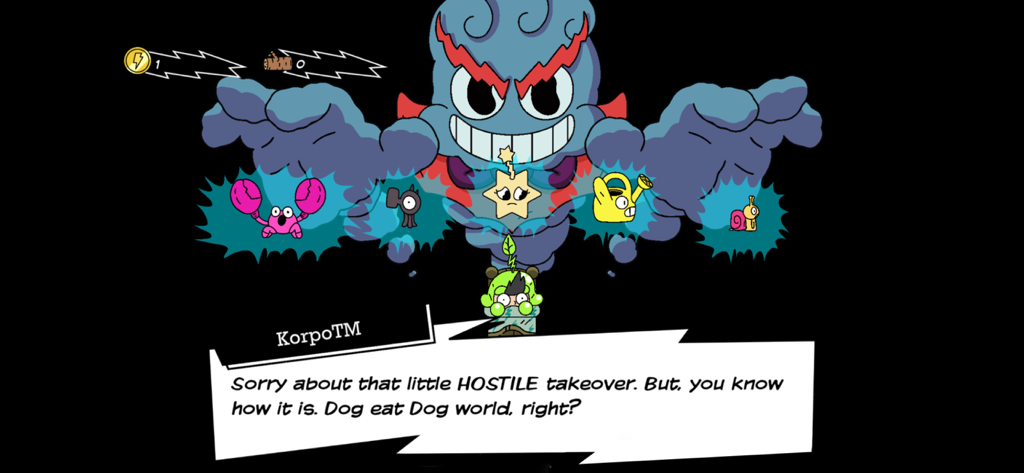 Villain KorpoTM dialogue box about a hostile takeover in Super Farming Boy.