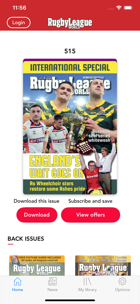 Rugby League World - Interface do aplicativo Rugby League World exibindo a capa da edição mais recente da revista com opções de download e assinatura