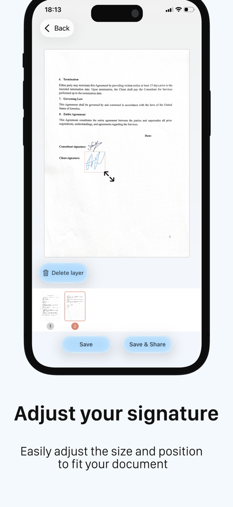 NoPen – Scan docs, Sign & Fill - Interface showing how to resize and position a digital signature on a document using the NoPen app.