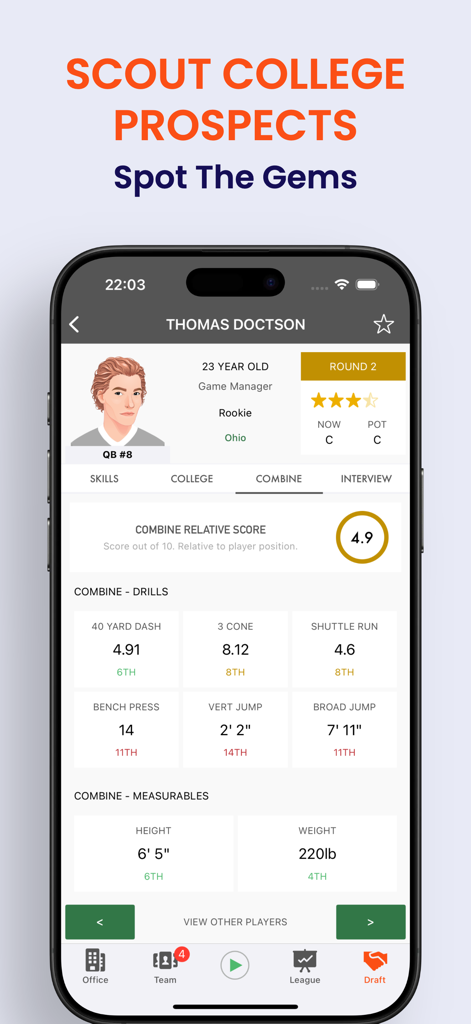 Pocket GM 3: Football Sim - Pocket GM 3 interface showing scouting details and combine stats for a college football prospect