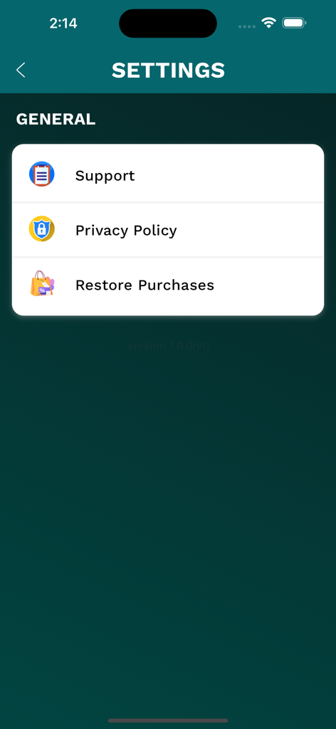 ChatPro - AI Assistant - General settings screen of the ChatPro AI Assistant app showing support and privacy options