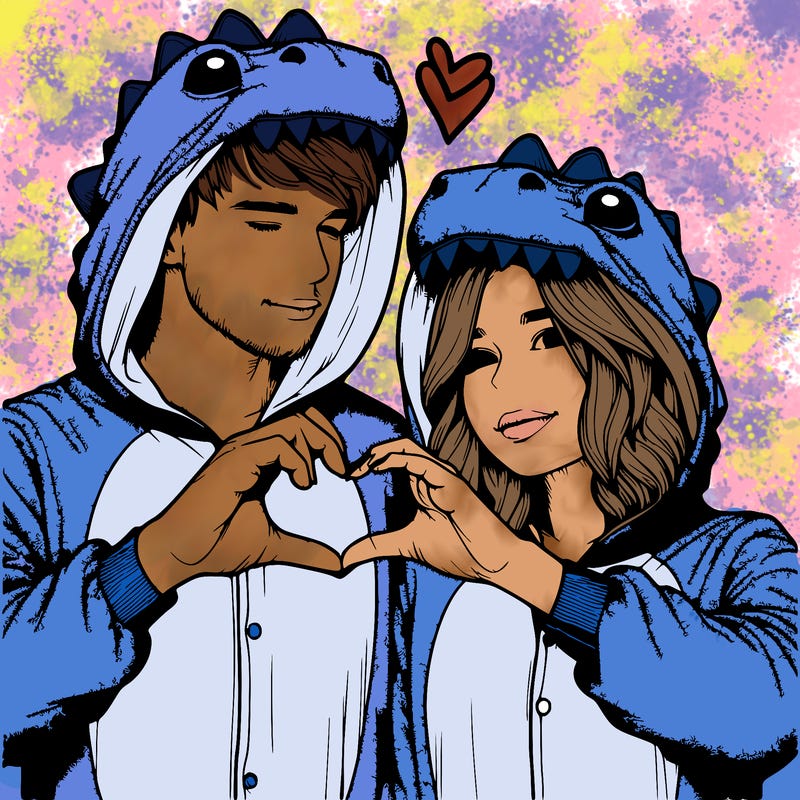 realistic couple wearing matching dinosaur onesies with heart hand gesture