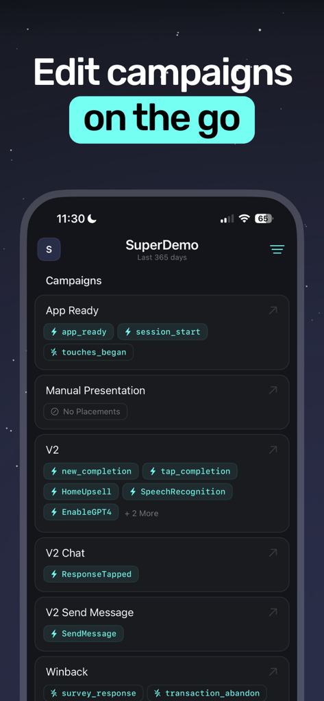 Interface de l'application Superwall montrant une liste de campagnes marketing d'applications mobiles et de déclencheurs d'événements pour les développeurs et les chefs de produit.