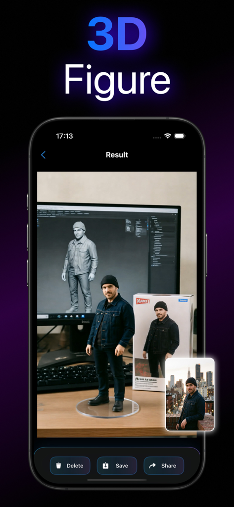 AI Video Generator - Nexory - Interface of the Nexory AI app showing a 3D figure generated from a reference photo of a man.