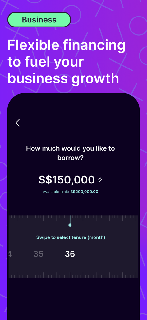 GXS Bank - GXS Bank app interface showing business loan amount selection and repayment tenure