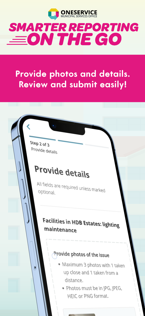 OneService app screen showing a three-step process to report municipal issues such as estate lighting maintenance with photos