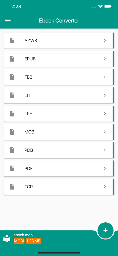 Ebook Converter - Ebookコンバーターのモバイルアプリインターフェース。EPUB、MOBI、PDFを含む出力フォーマットオプションのリストが表示されています。