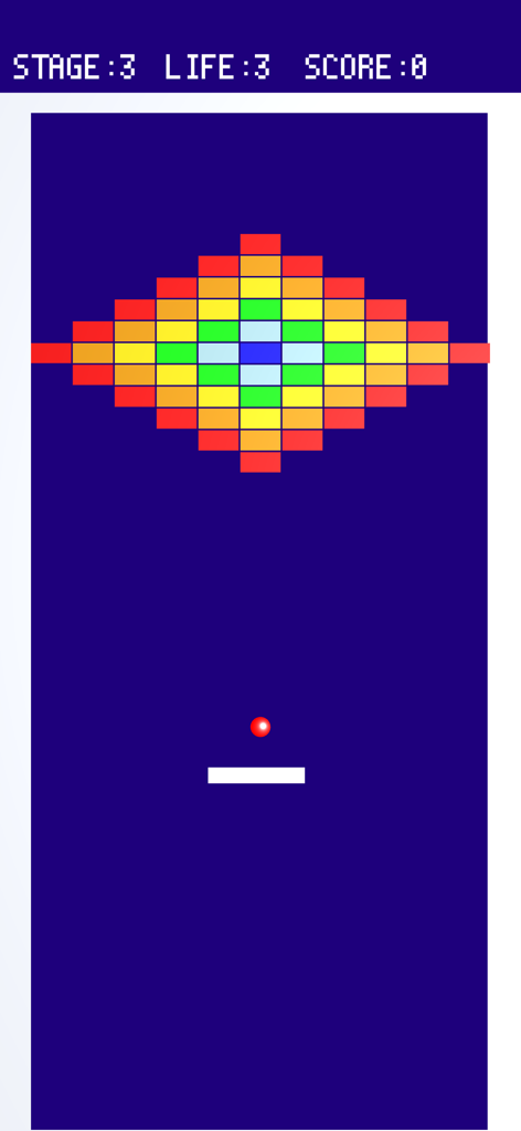 Breaking blocks in memory - Gameplay screenshot of a retro brick breaker game showing a diamond shaped formation of colored blocks and a red ball