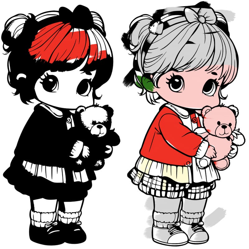 a littl girl that is 2 years old wearing a red strawberry clotht and grey small throwsers with a teddy bear