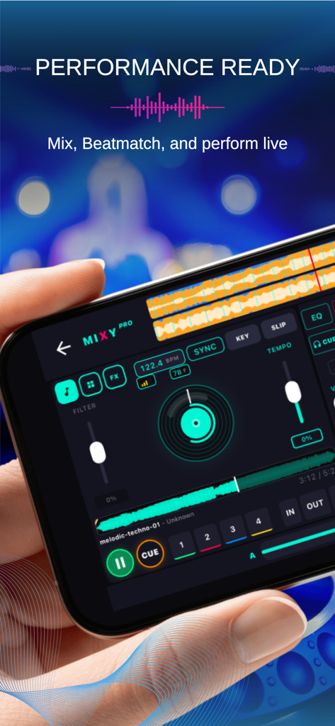 Smartphone screen displaying the MIXY DJ Music Mixer app with neon DJ controls and waveforms
