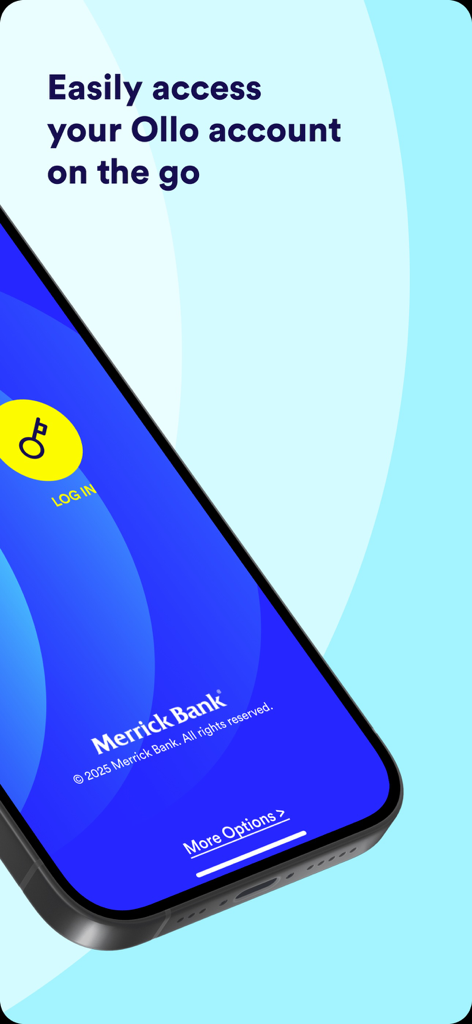 Login screen of the Ollo Credit Card mobile app showing Merrick Bank branding