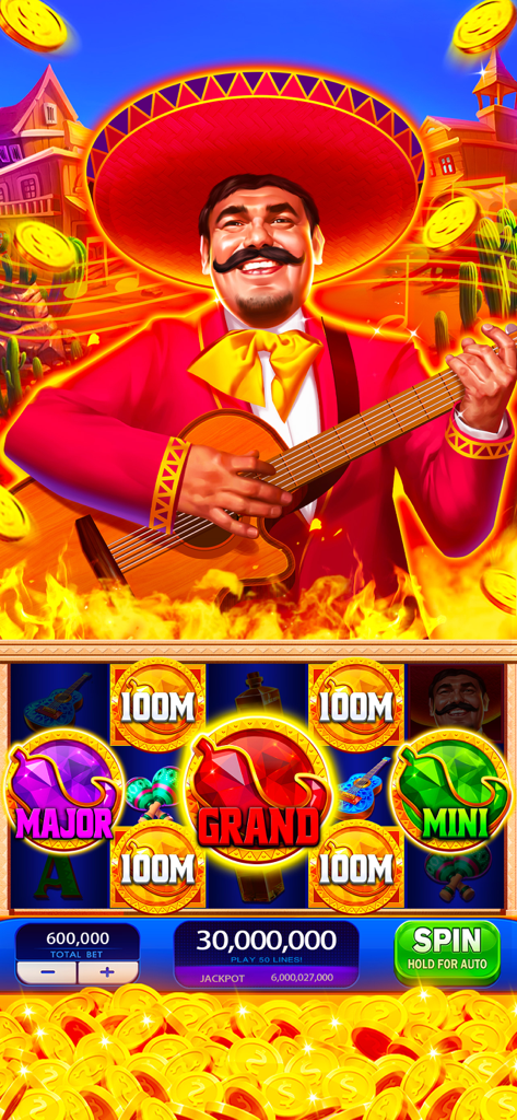 Una interfaz de máquina tragaperras temática mexicana con un músico mariachi tocando la guitarra con iconos de bote de chile grande y montones de monedas de oro