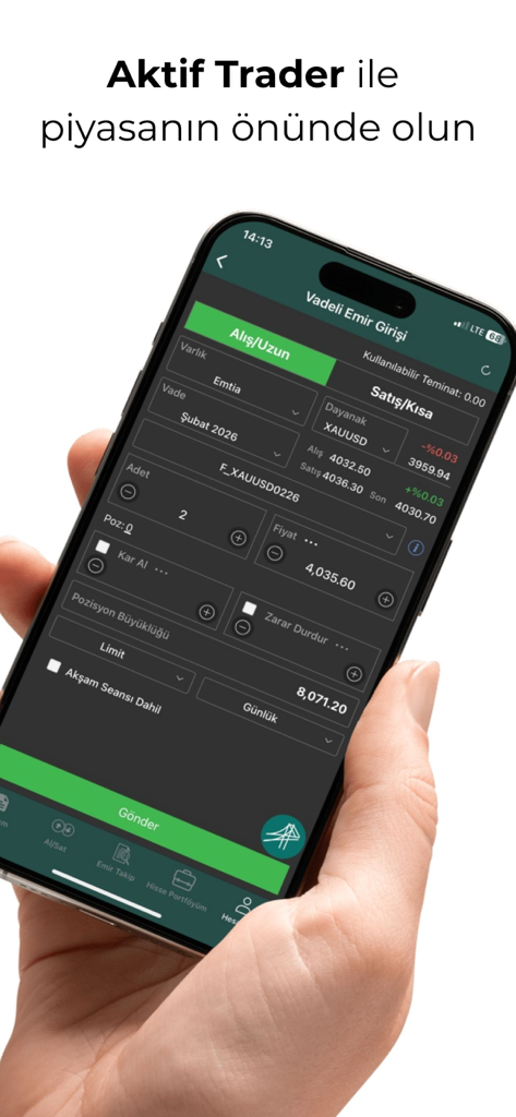 Osmanlı Aktif Trader - Smartphone displaying the futures order entry interface for Osmanlı Aktif Trader with options for gold trading and stop loss settings
