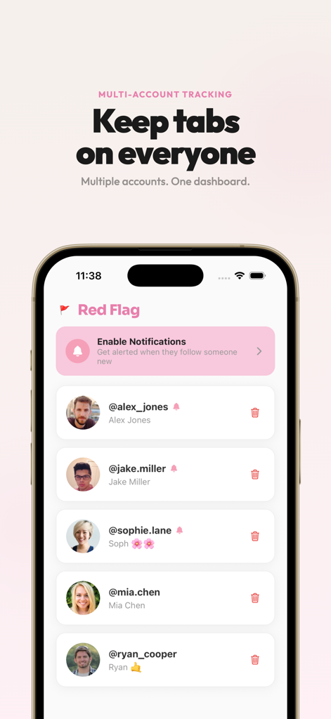 Red Flag: Track Recent Follows - Dashboard interface of Red Flag app showing multiple tracked Instagram accounts