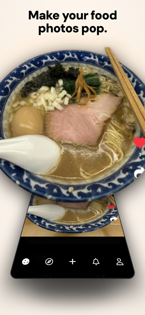 A 3D ramen bowl popping out of a smartphone screen using the Mukbang app interface