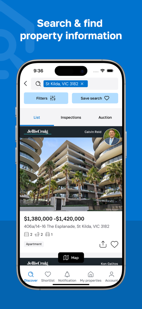 view.com.au - Mobile app interface of view.com.au showing a property listing in St Kilda with price and apartment details.