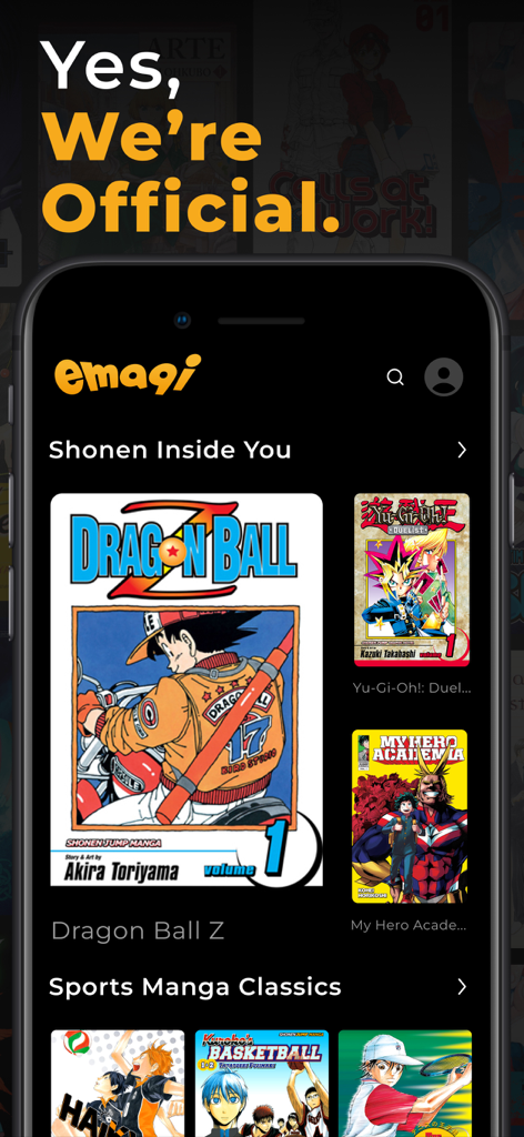 Smartphone screen showing the emaqi app interface with official manga titles like Dragon Ball Z and My Hero Academia