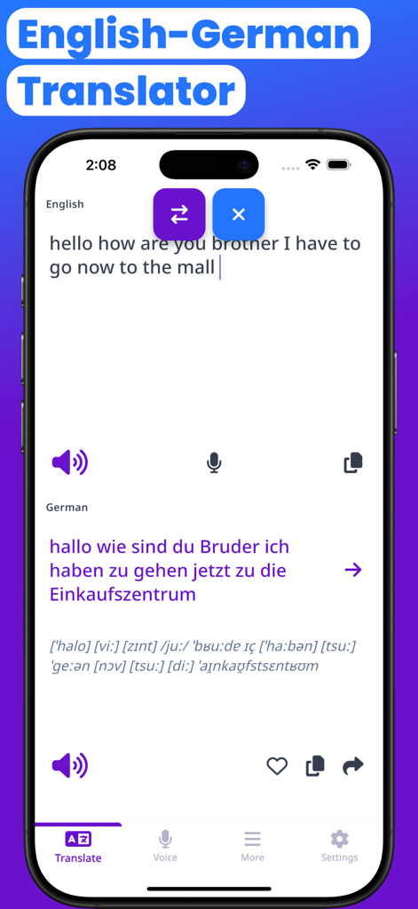 Mobile app interface showing English to German text translation with phonetic pronunciation guide.