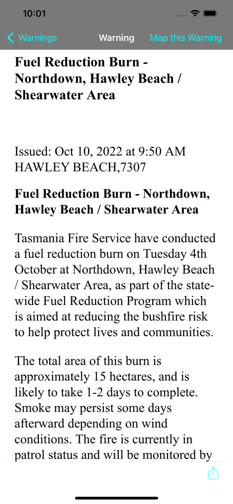 Detailed view of a fuel reduction burn warning within the TAS Fires app providing information about controlled burns in Tasmania