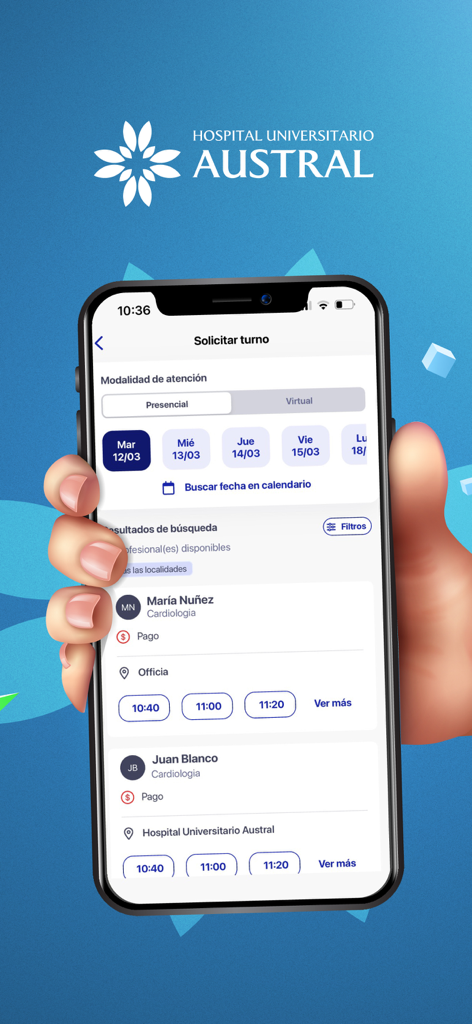 Portal Hospital Austral - Pantalla de smartphone mostrando opciones de reserva de citas médicas en la app Portal Hospital Austral