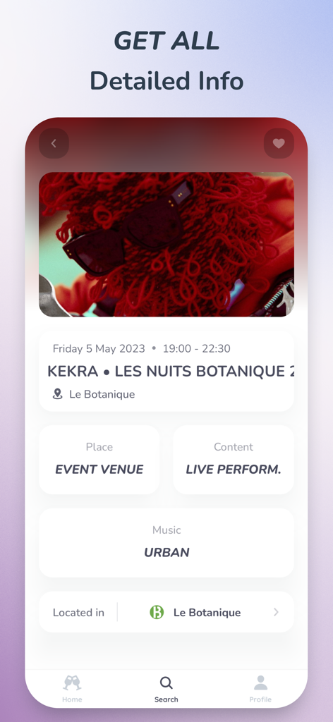 PartyFinder - Belgium - Pagina di informazioni dettagliate sull'evento nell'app PartyFinder che mostra il locale del concerto e lo stile musicale