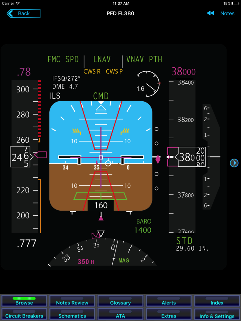 B737 Cockpit Companion - B737 Cockpit Companion app showing a detailed Primary Flight Display PFD at flight level 380