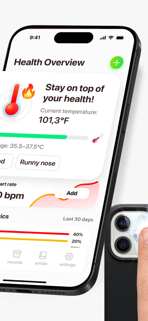 体温アプリの健康概要インターフェース、発熱の読み取り値と心拍数メトリクスを表示