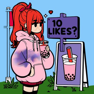 girl with oversized hoodie drinking boba and she has a high ponytail with a sign that says 10likes?