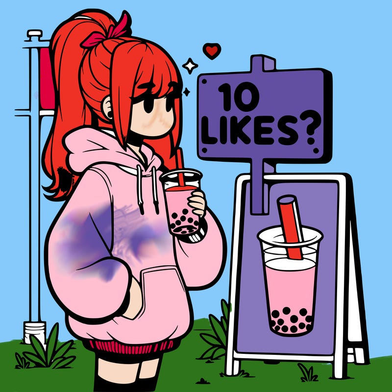 girl with oversized hoodie drinking boba and she has a high ponytail with a sign that says 10likes?