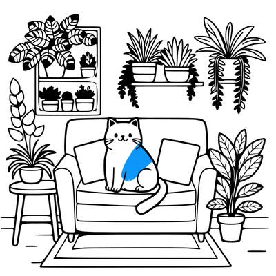 cat on a sofa in a room full of plants