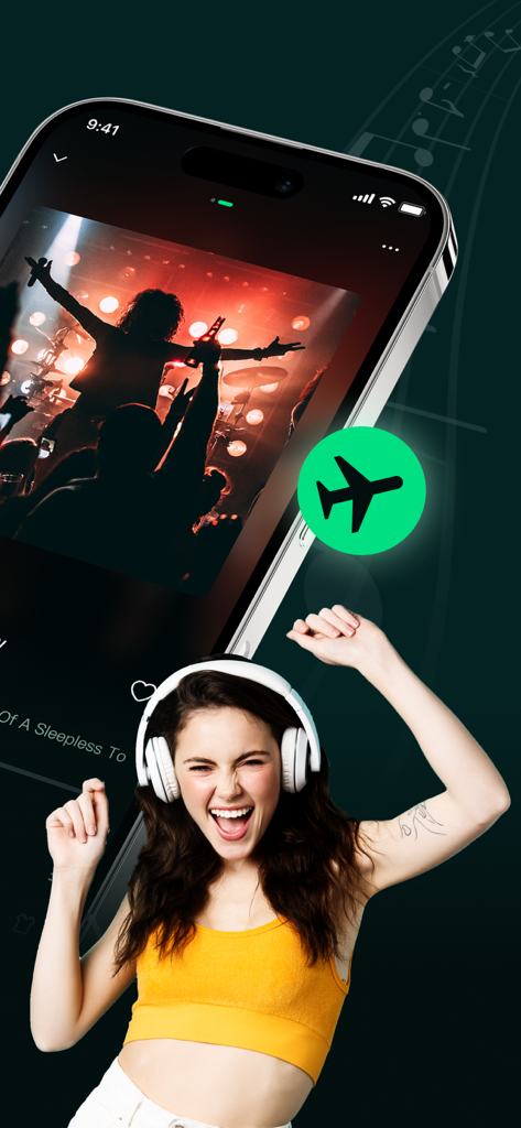 Eine glückliche Frau mit Kopfhörern, die Musik hört, mit einem Flugmodus-Symbol, das Offline-Wiedergabe darstellt.