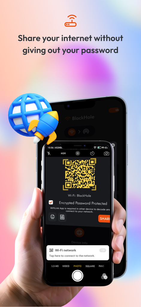 WifiLink: Share WiFi - Una pantalla de smartphone que muestra un código QR encriptado utilizado para compartir una red WiFi de forma segura sin revelar la contraseña.