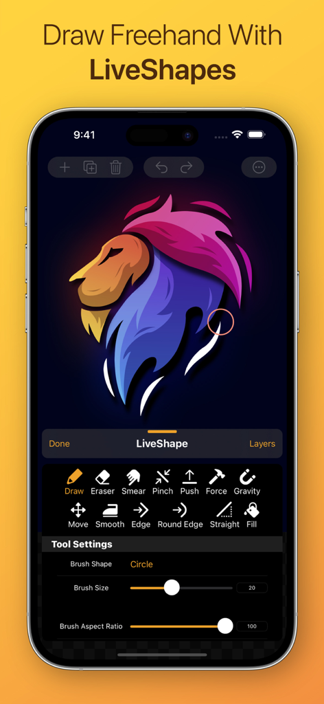 Interface de l'application Logoist 5 montrant les outils de dessin à main levée LiveShapes avec une illustration vectorielle colorée de lion sur un iPhone.