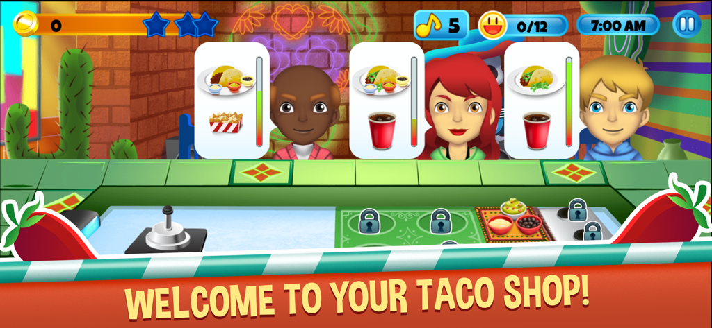 My Taco Shop: Chef Game - Une scène de jeu colorée de My Taco Shop où des clients en dessin animé attendent leurs commandes de tacos et de boissons au comptoir du restaurant.